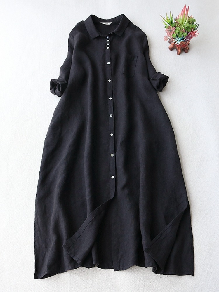 Casual Loose Linen Shirt Dress - Vestido de Linho Artístico Feminino Primavera,