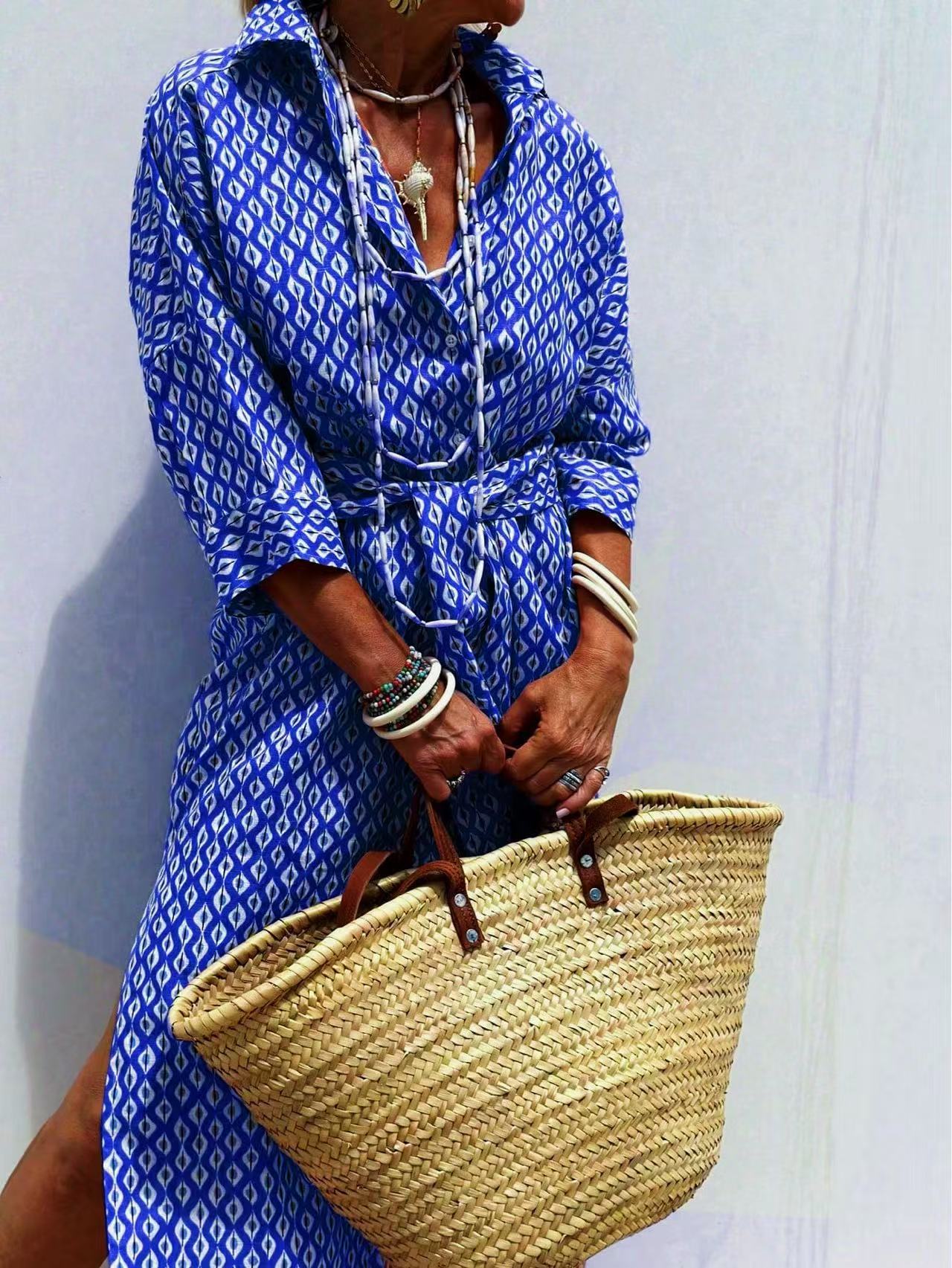 Vestido Longo Maxi com Cinto,  - Casual Loose Linen Shirt Dress avaliação e preço