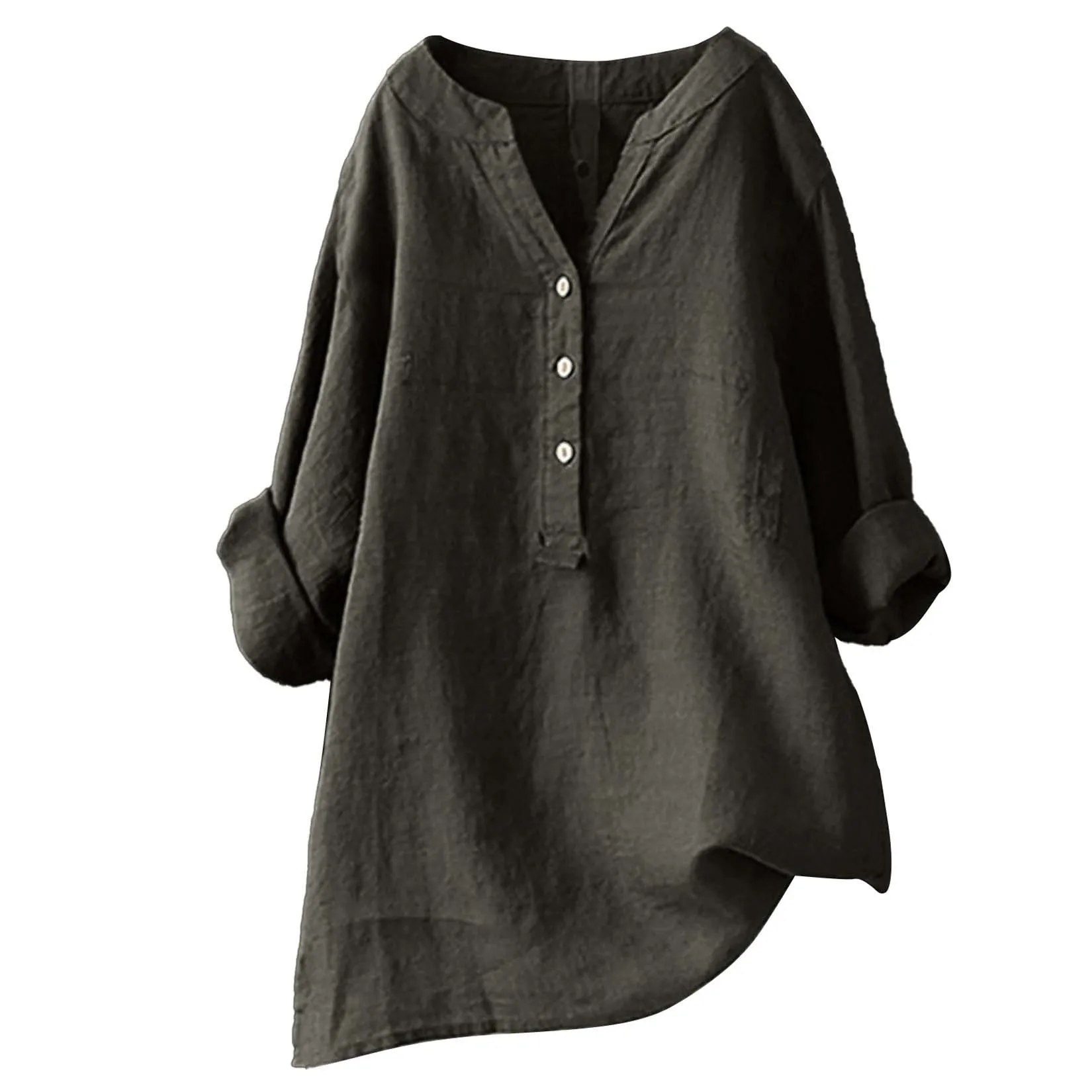 Camisas de algodão e linho uni - Casual Loose Linen Shirt Dress avaliação e preço