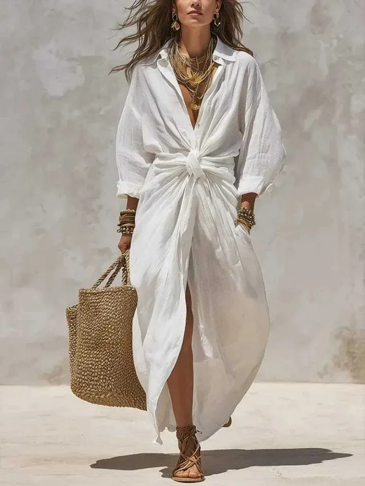 Vestido Maxi Feminino Boho Bra - Casual Loose Linen Shirt Dress avaliação e preço