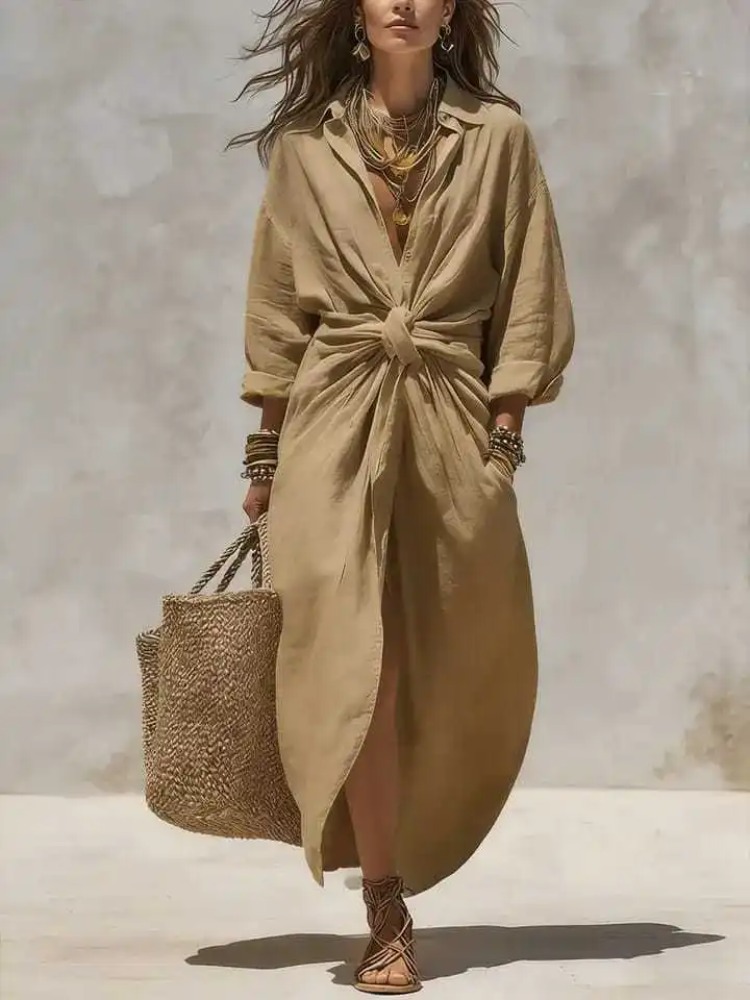 Vestido Maxi Feminino Boho Bra - Casual Loose Linen Shirt Dress avaliação e preço