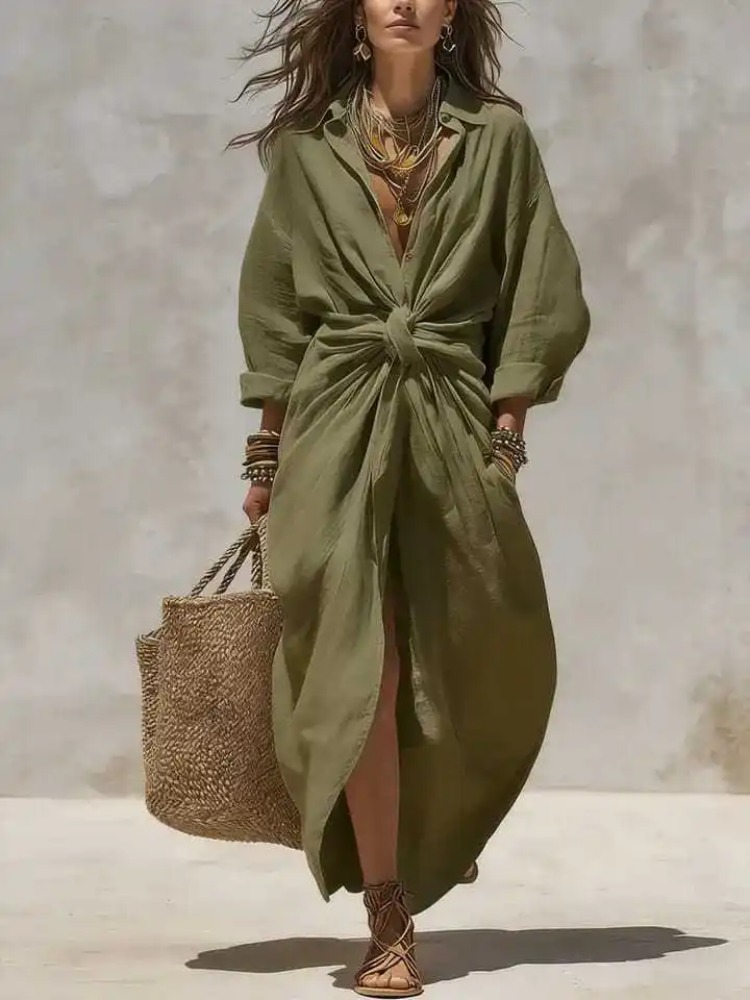 Vestido Maxi Feminino Boho Bra - Casual Loose Linen Shirt Dress avaliação e preço