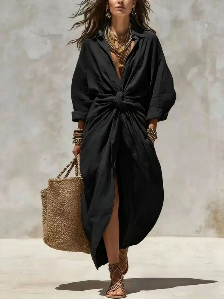 Vestido Maxi Feminino Boho Bra - Casual Loose Linen Shirt Dress avaliação e preço